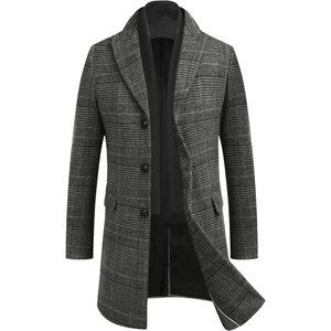 Men's Wool Blend Coat Scarf Notched Collar Pea Coat Trench Overcoat-Black Plaid